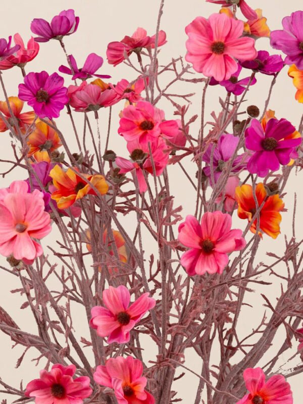 Close-up of pink faux cosmos with coral and orange accents