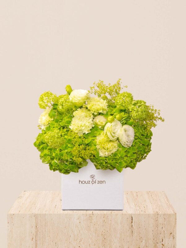 Zen Verde Elysian small flower box with green hydrangeas, lisianthus, carnations, and viburnum in a white Houz of Zen box.