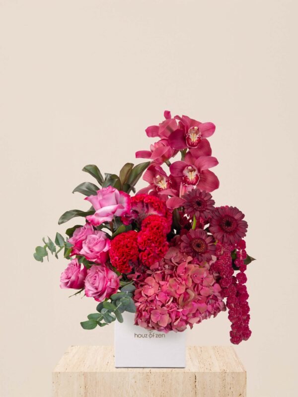 Luxury red flower box with orchids, roses, celosia, and hydrangeas in white Houz of Zen box