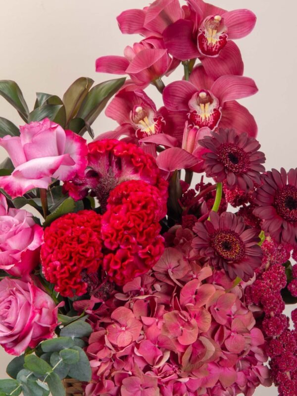 Close-up of orchids, celosia, and roses in luxury red flower box arrangement