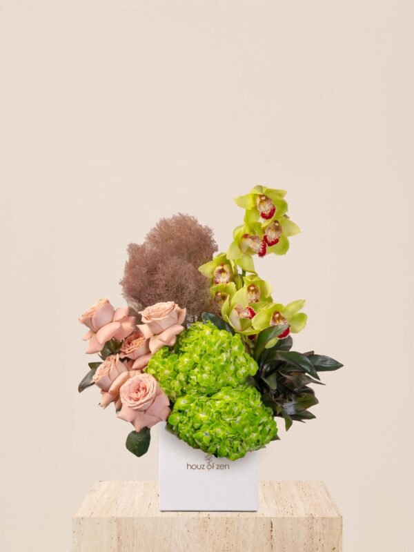 Luxury green flower box with cappuccino roses, cymbidium orchids, and green hydrangeas