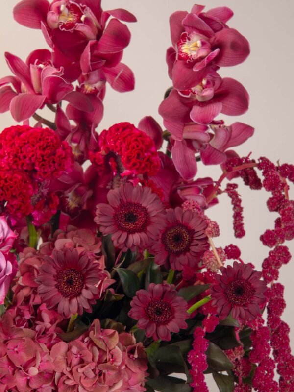 Red flower basket Dubai with cymbidium orchids, celosia, and germini blooms.