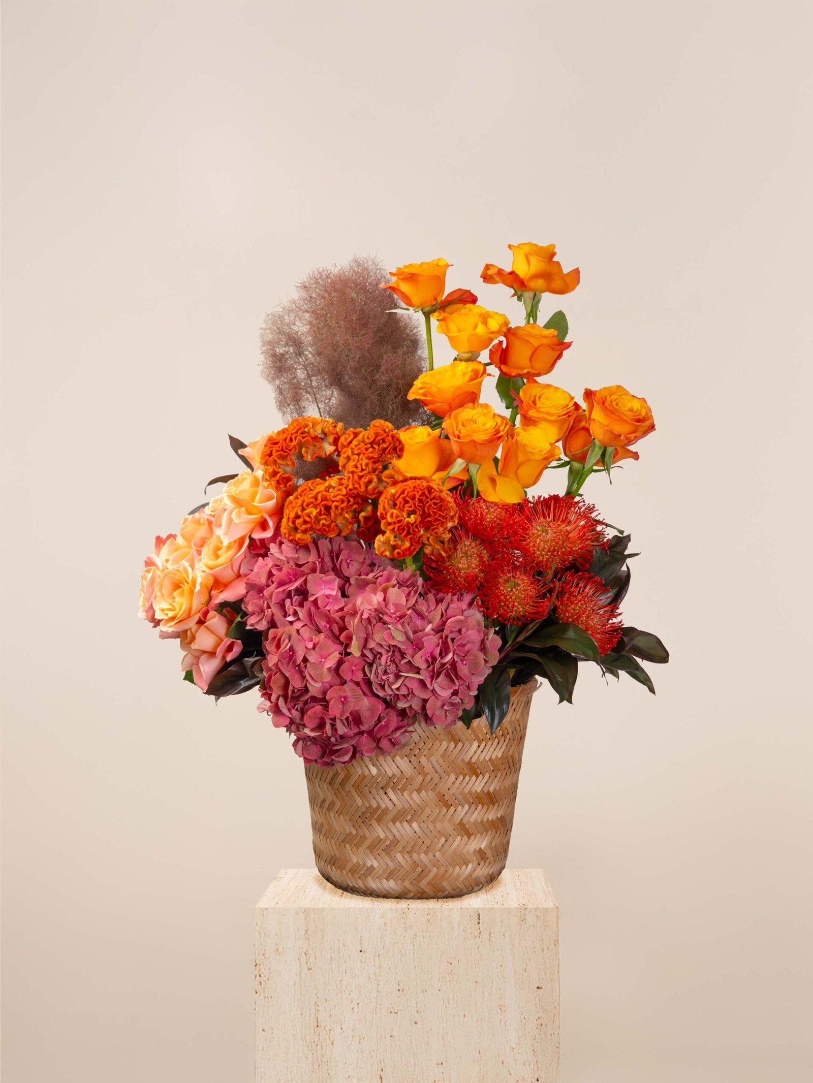 zen-harvest-flame-celosia-orange-cotinus-fountain-red-draceana-compacta-eucalyptus-cinerea-hydrangea-terracotta-nutan-rose-orange-confidential-rose-uhuru-houz-of-zen-big-basket