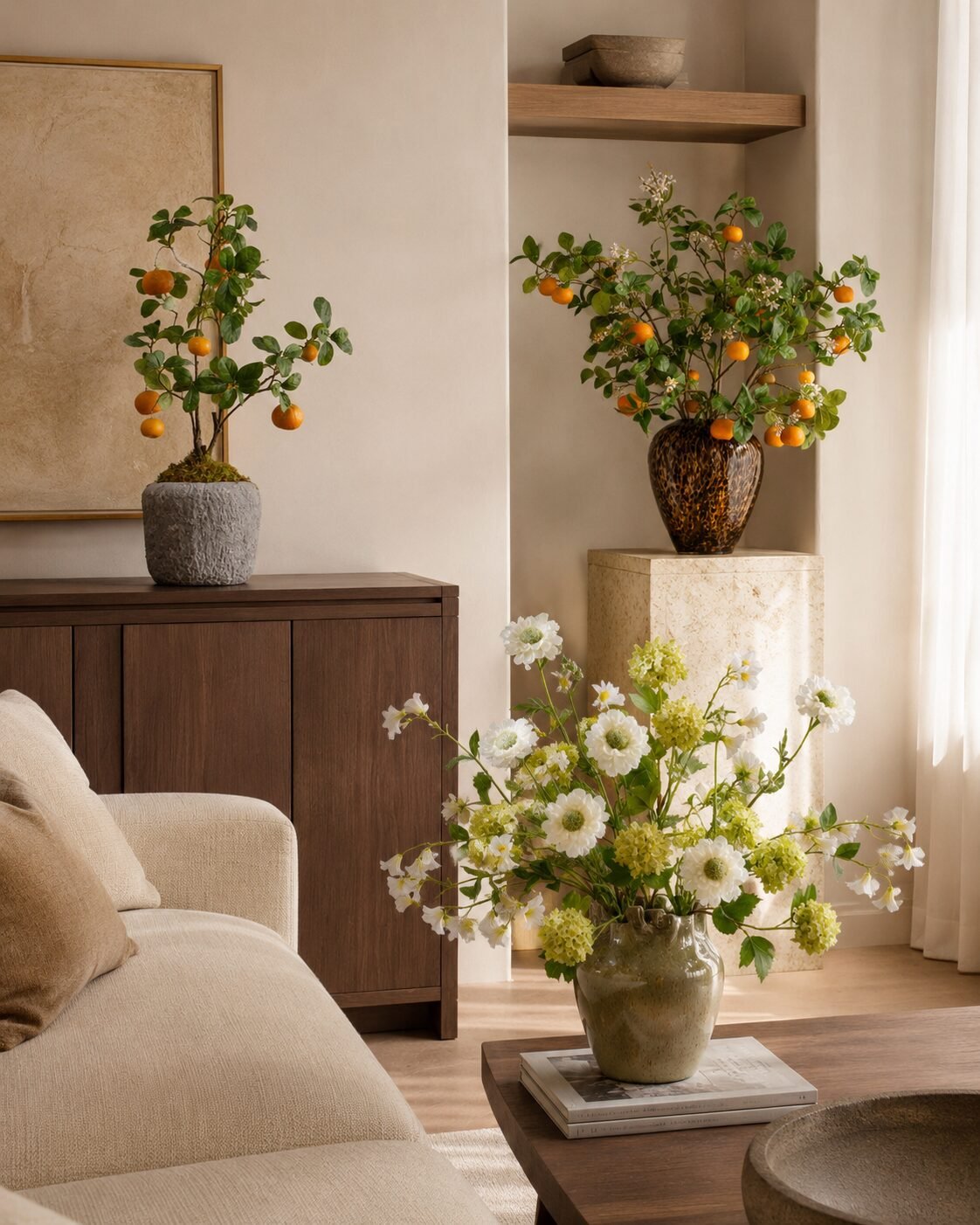 Faux floral arrangements styled in a living room by Houz of Zen