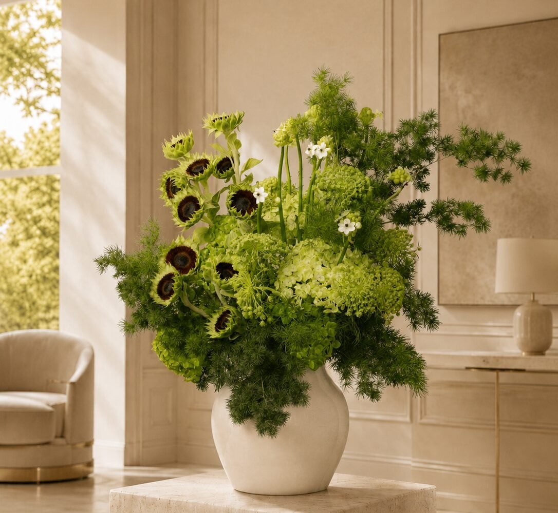 Green floral arrangement in a luxury interior in Dubai by Houz of Zen