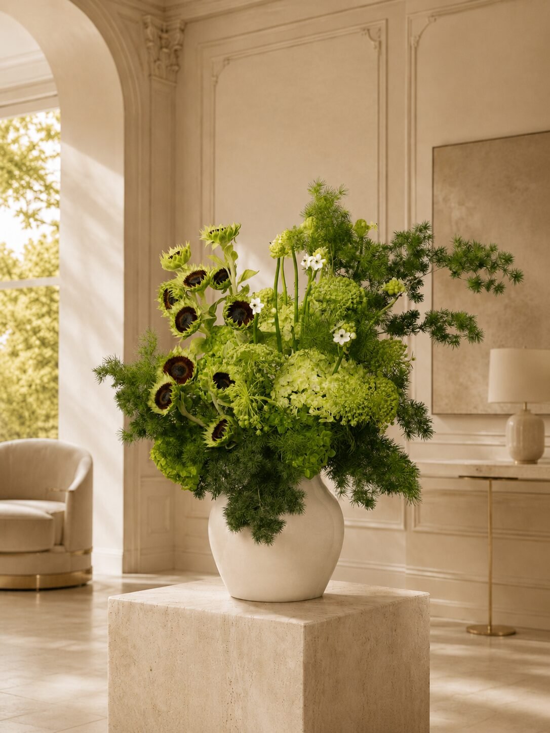 Green floral arrangement in a luxury interior in Dubai by Houz of Zen