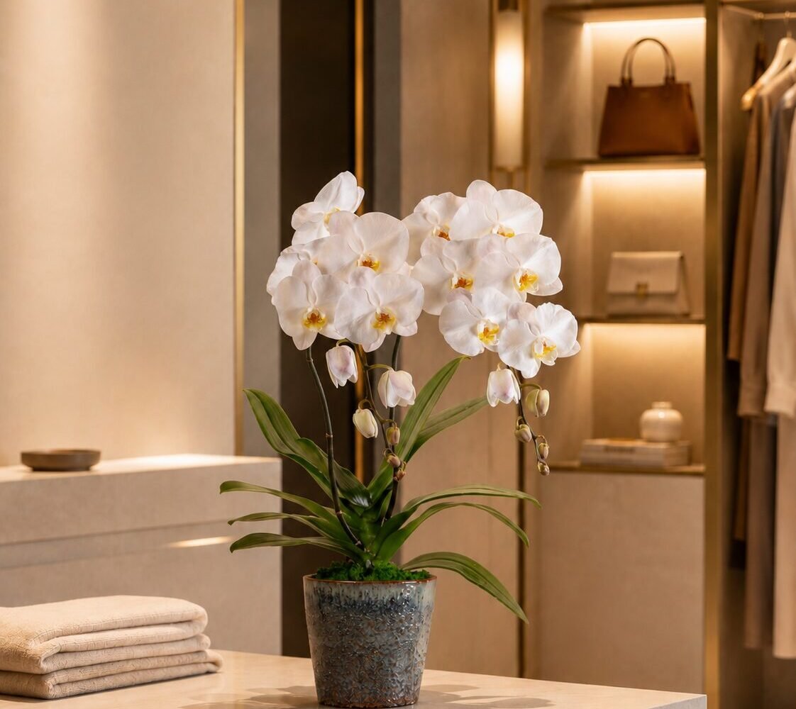 Luxury white orchid arrangement in a boutique in Dubai by Houz of Zen