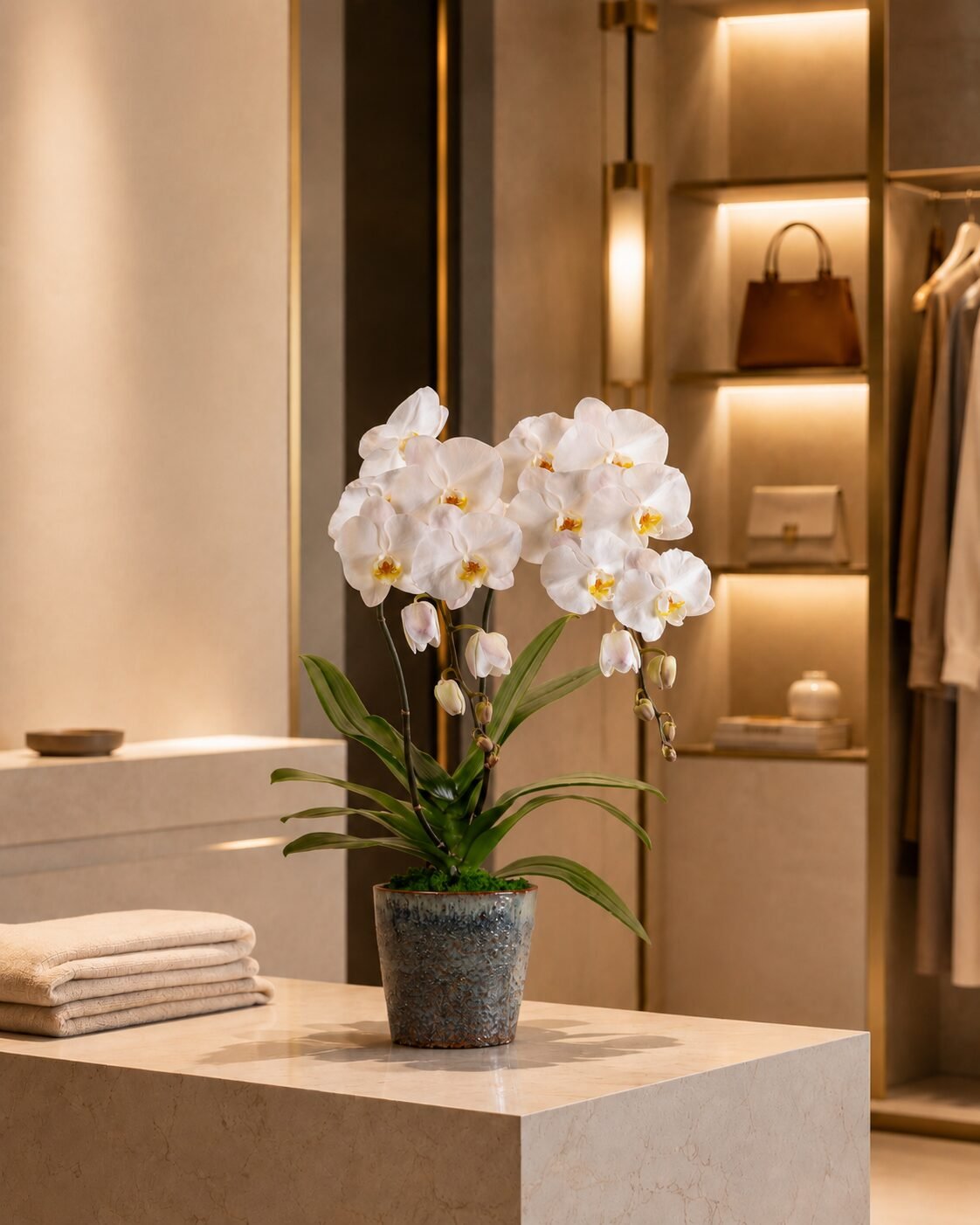 Luxury white orchid arrangement in a boutique in Dubai by Houz of Zen
