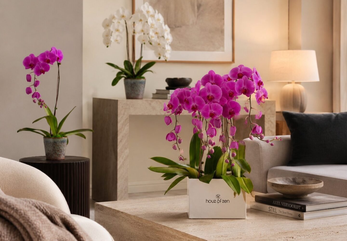 Orchid arrangements styled in a Dubai home by Houz of Zen