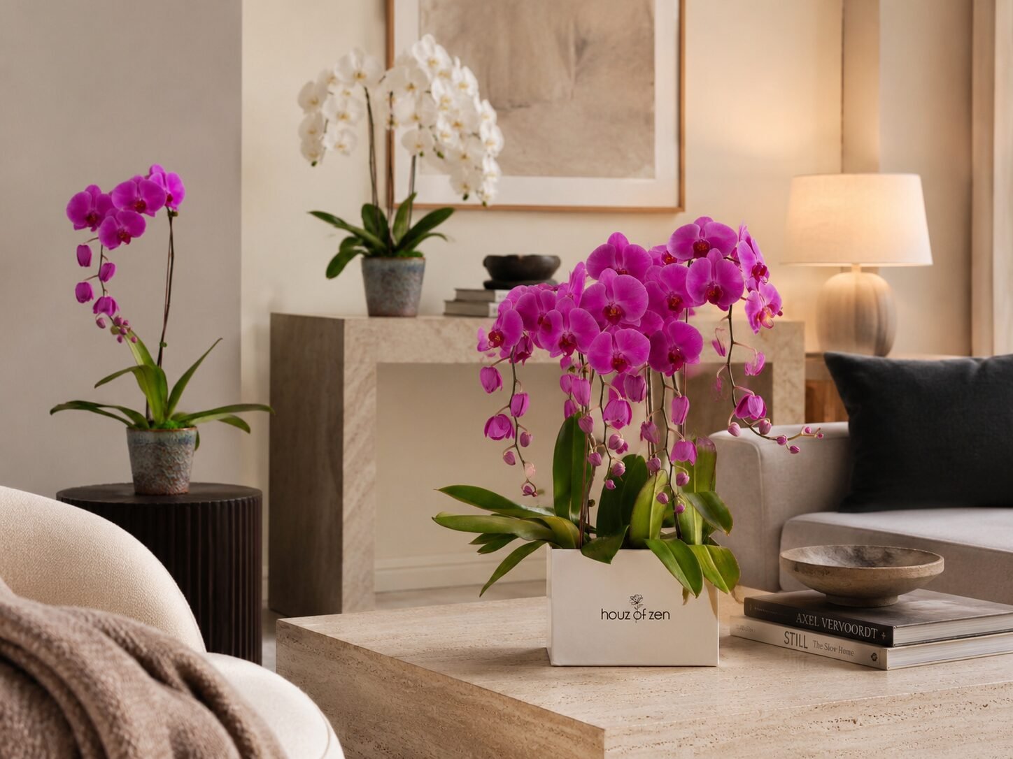 Orchid arrangements styled in a Dubai home by Houz of Zen
