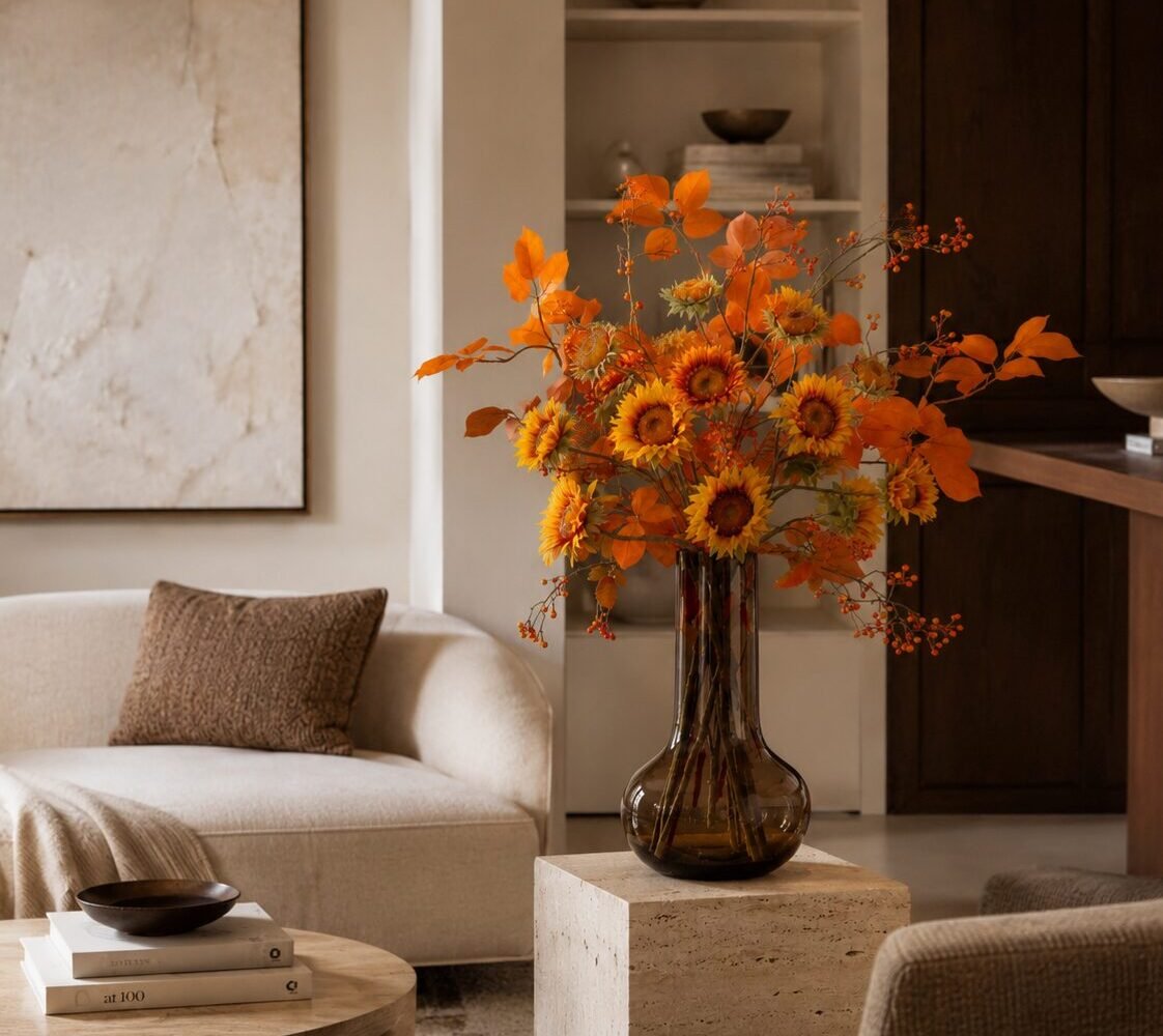 Realistic artificial sunflower arrangement on a travertine plinth in a living room by Houz of Zen