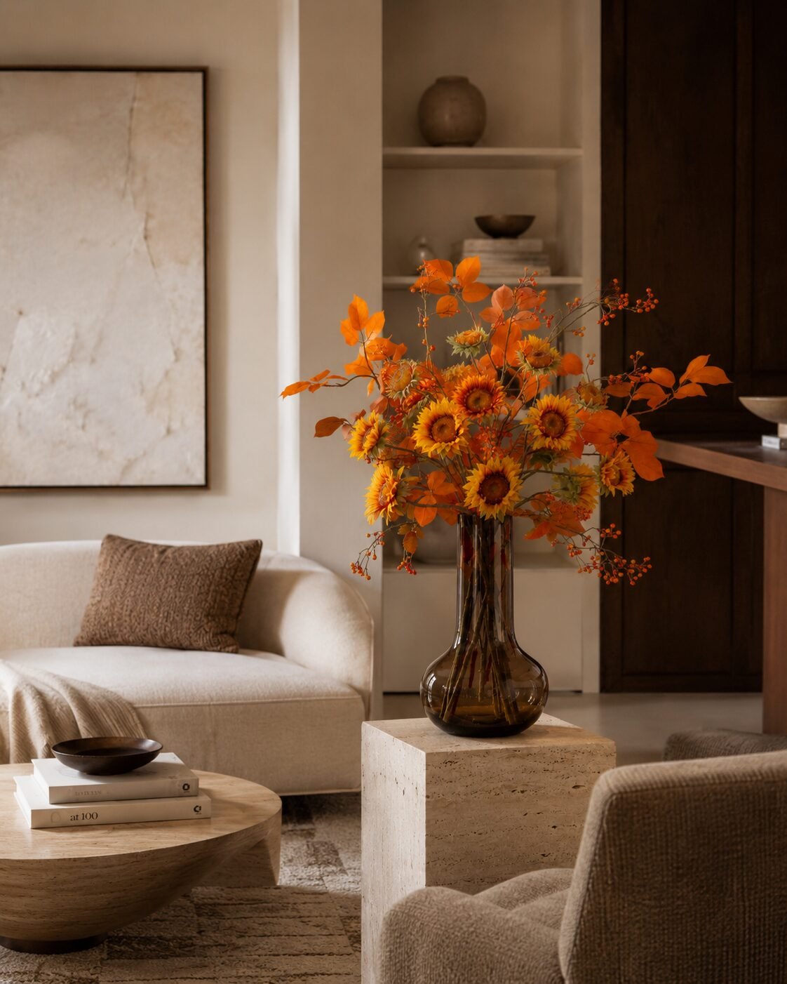Realistic artificial sunflower arrangement on a travertine plinth in a living room by Houz of Zen