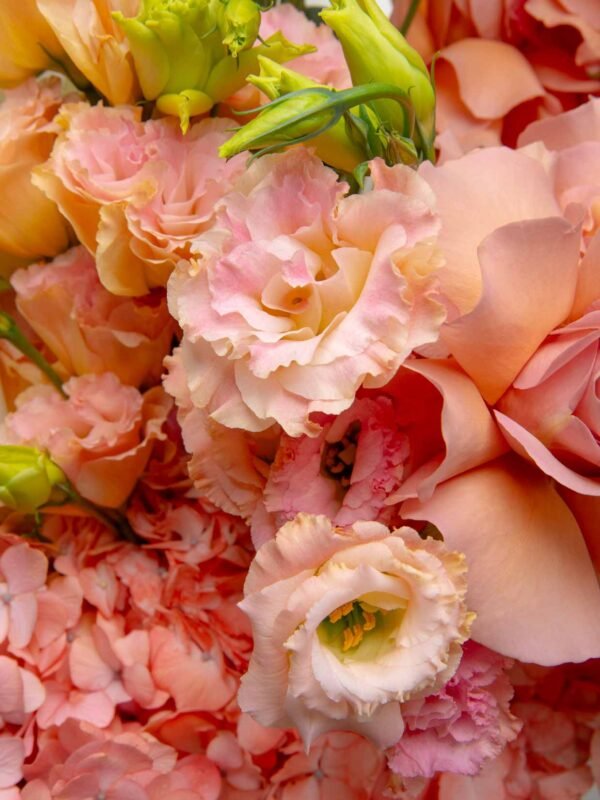 Lisianthus and peach blooms close-up from ZEN Apricot Veil bouquet in Dubai
