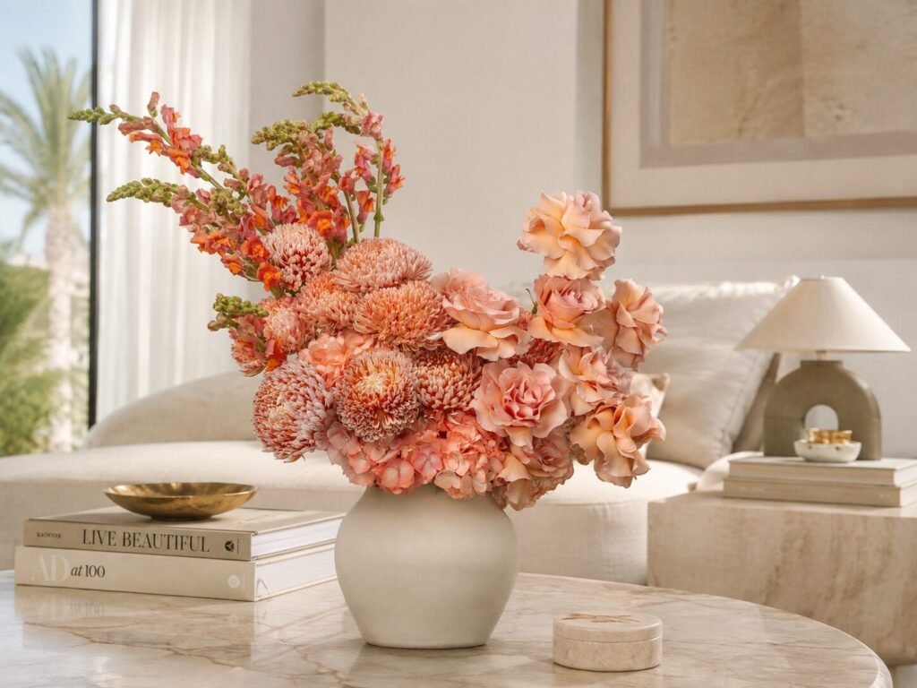 Coral vase arrangement for Emirati Womens Day flowers Dubai by Houz of Zen