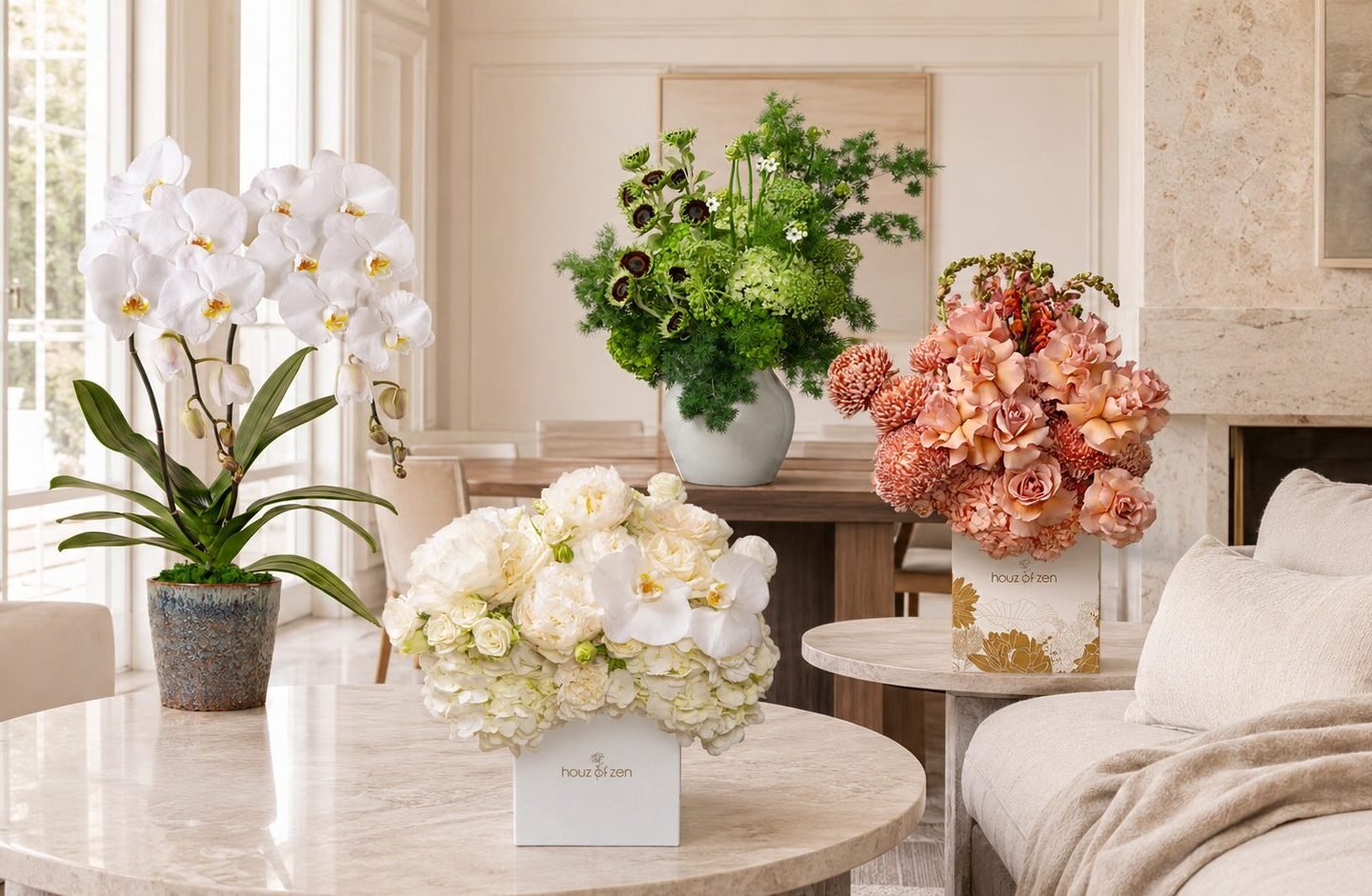 Floral gift Dubai with bouquet flower box vase arrangement and orchid by Houz of Zen