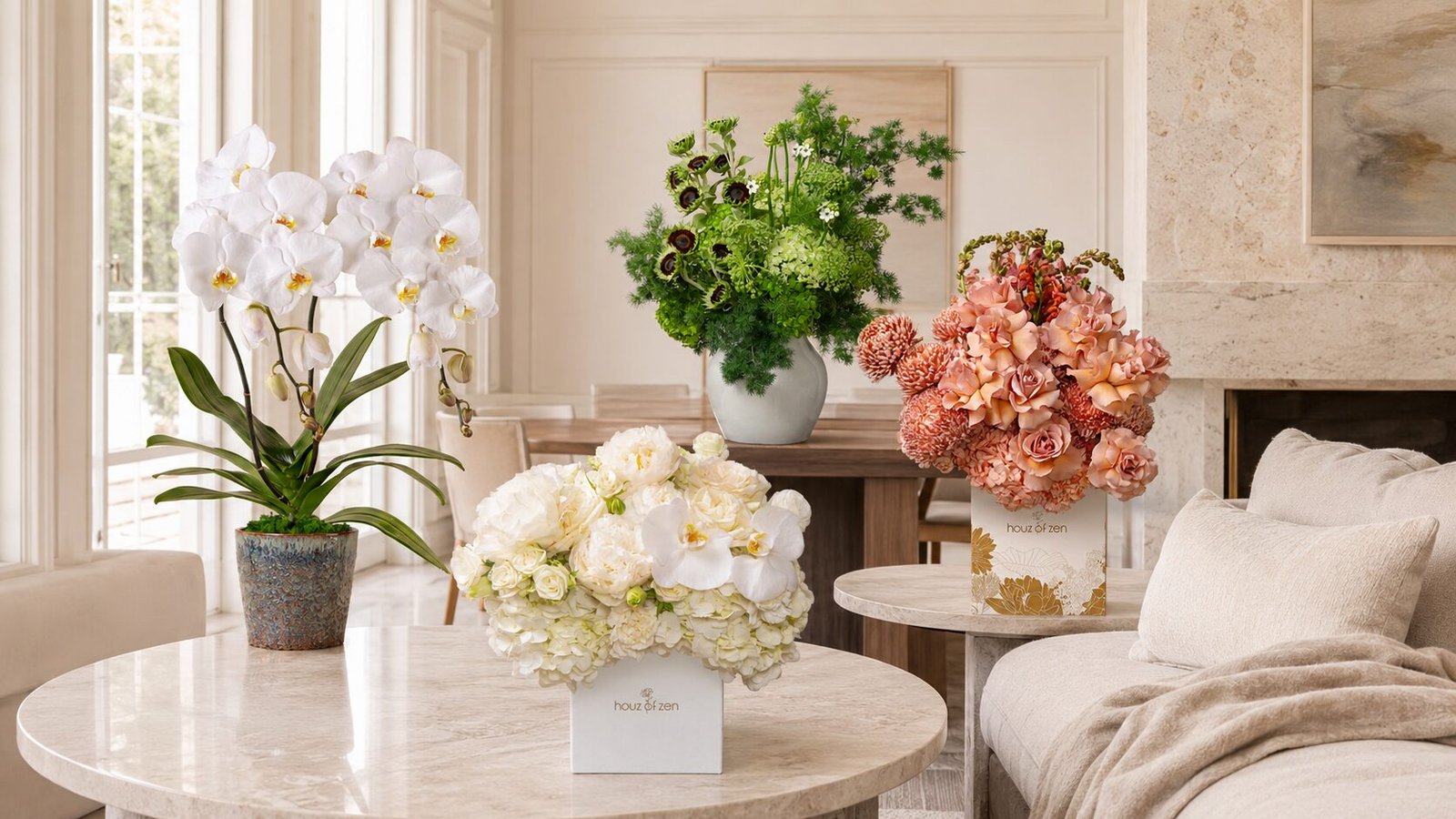 Floral gift Dubai with bouquet flower box vase arrangement and orchid by Houz of Zen