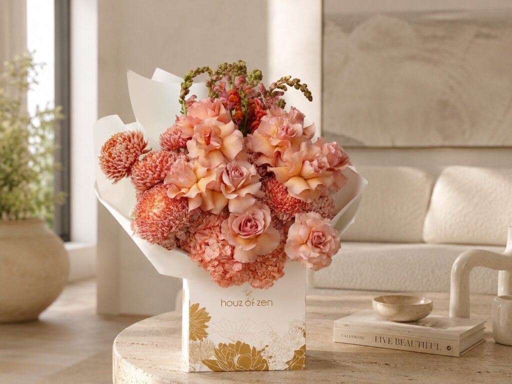 Peach and pink bouquet in a Houz of Zen flower bag for flower delivery in Dubai