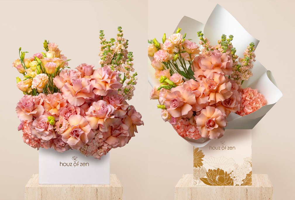 Birthday flower delivery Dubai with peach flower box and bouquet by Houz of Zen