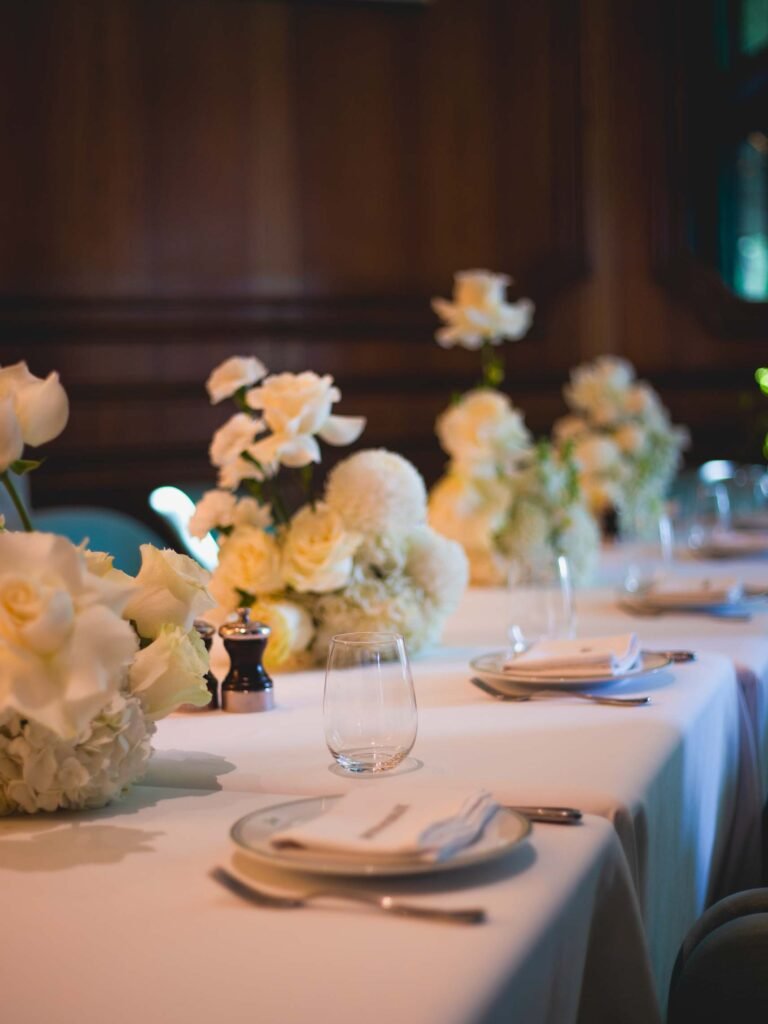 White floral arrangements for an Emporio Armani breakfast at Josette Dubai by Houz of Zen