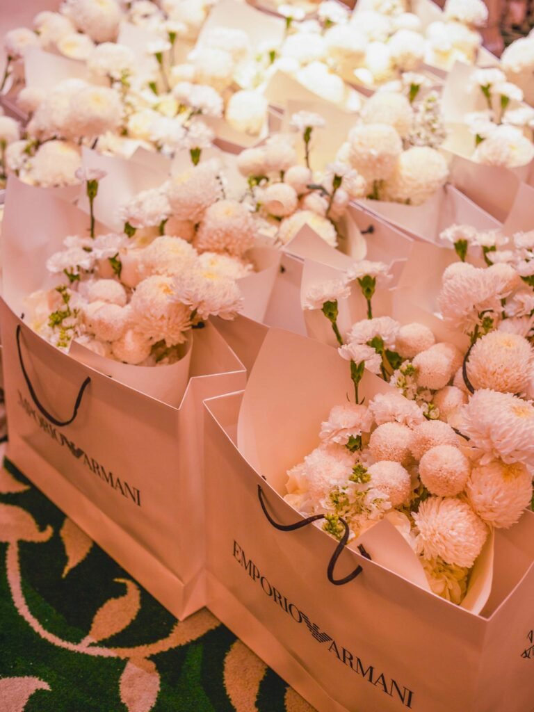White guest bouquets for an Emporio Armani breakfast at Josette Dubai by Houz of Zen
