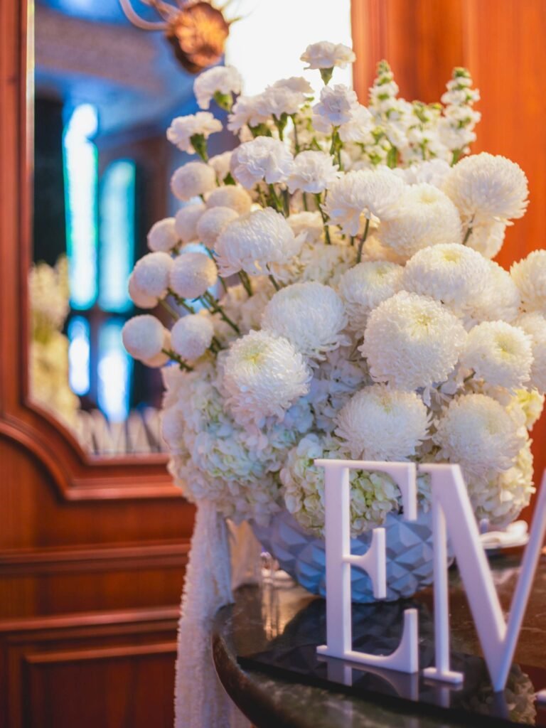 Statement white floral arrangement for Emporio Armani at Josette Dubai by Houz of Zen
