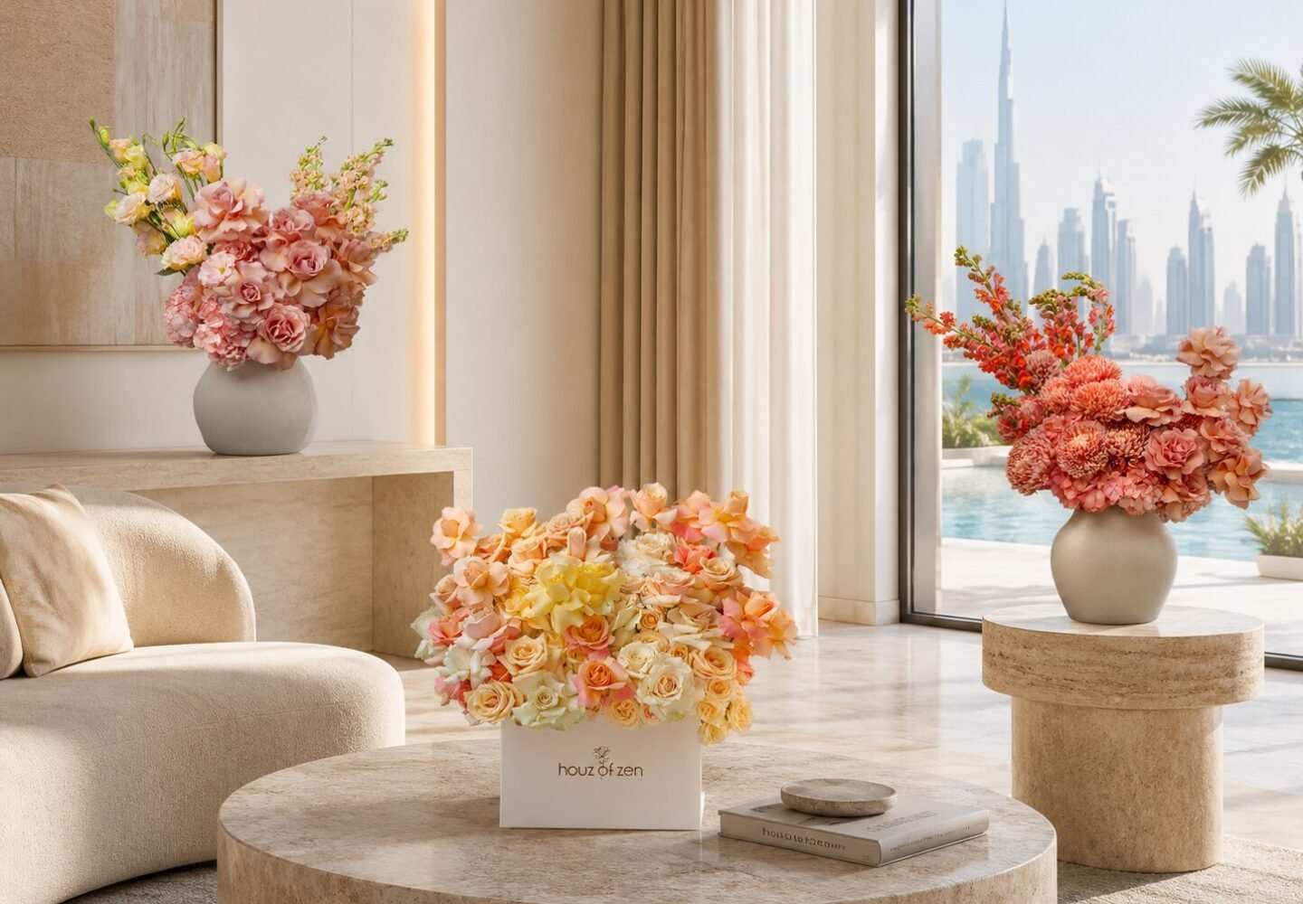 Flower delivery Dubai floral arrangements in a luxury home by Houz of Zen
