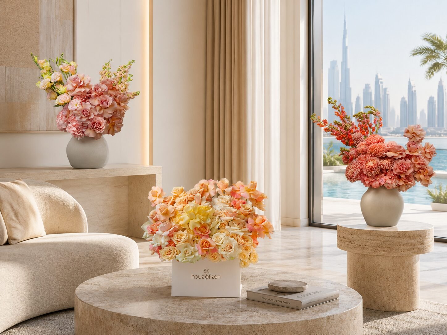 Flower delivery Dubai floral arrangements in a luxury home by Houz of Zen