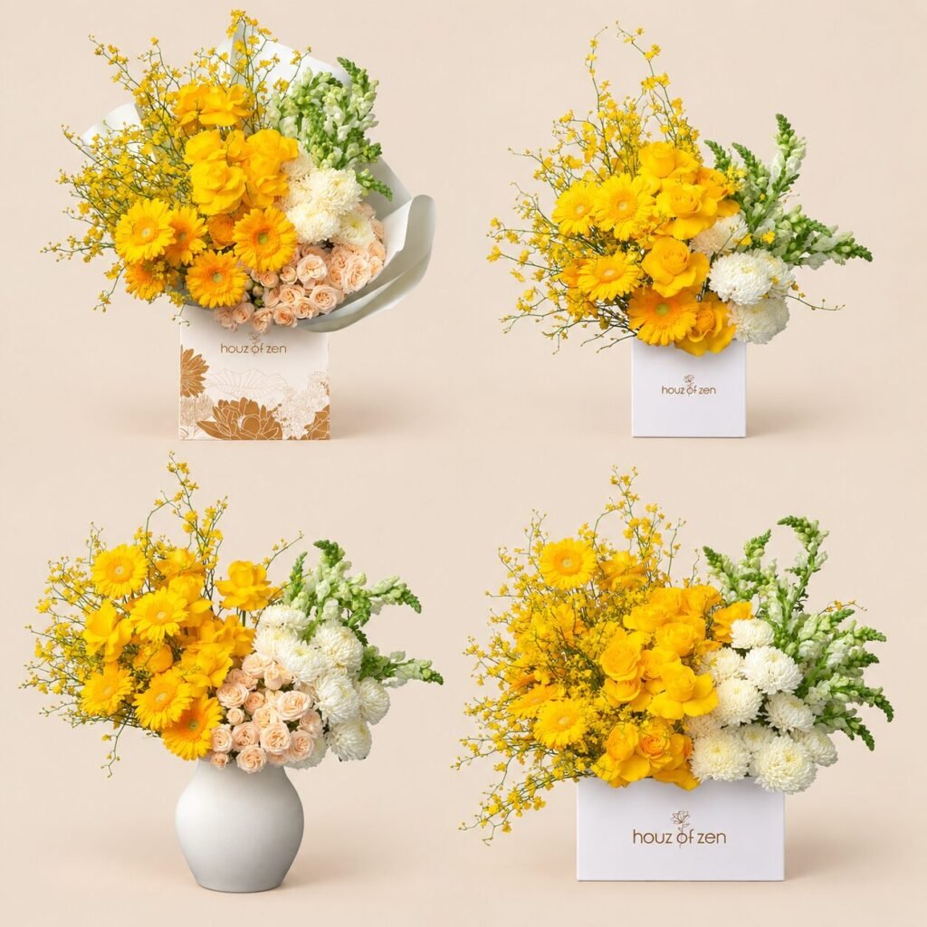 A collage of four yellow flower arrangements by Houz of Zen featuring yellow roses, yellow gerberas, white chrysanthemums, and fresh floral styling in Dubai.
