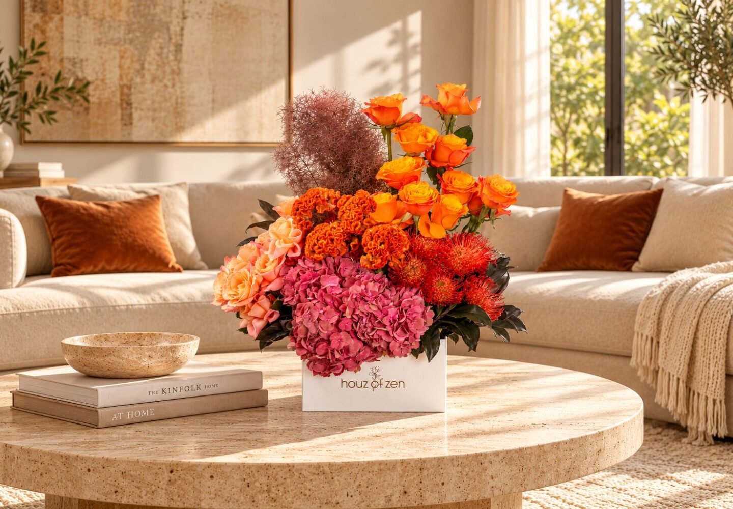 Autumn flower arrangement in Dubai featuring orange roses, hydrangeas and celosia by Houz of Zen.