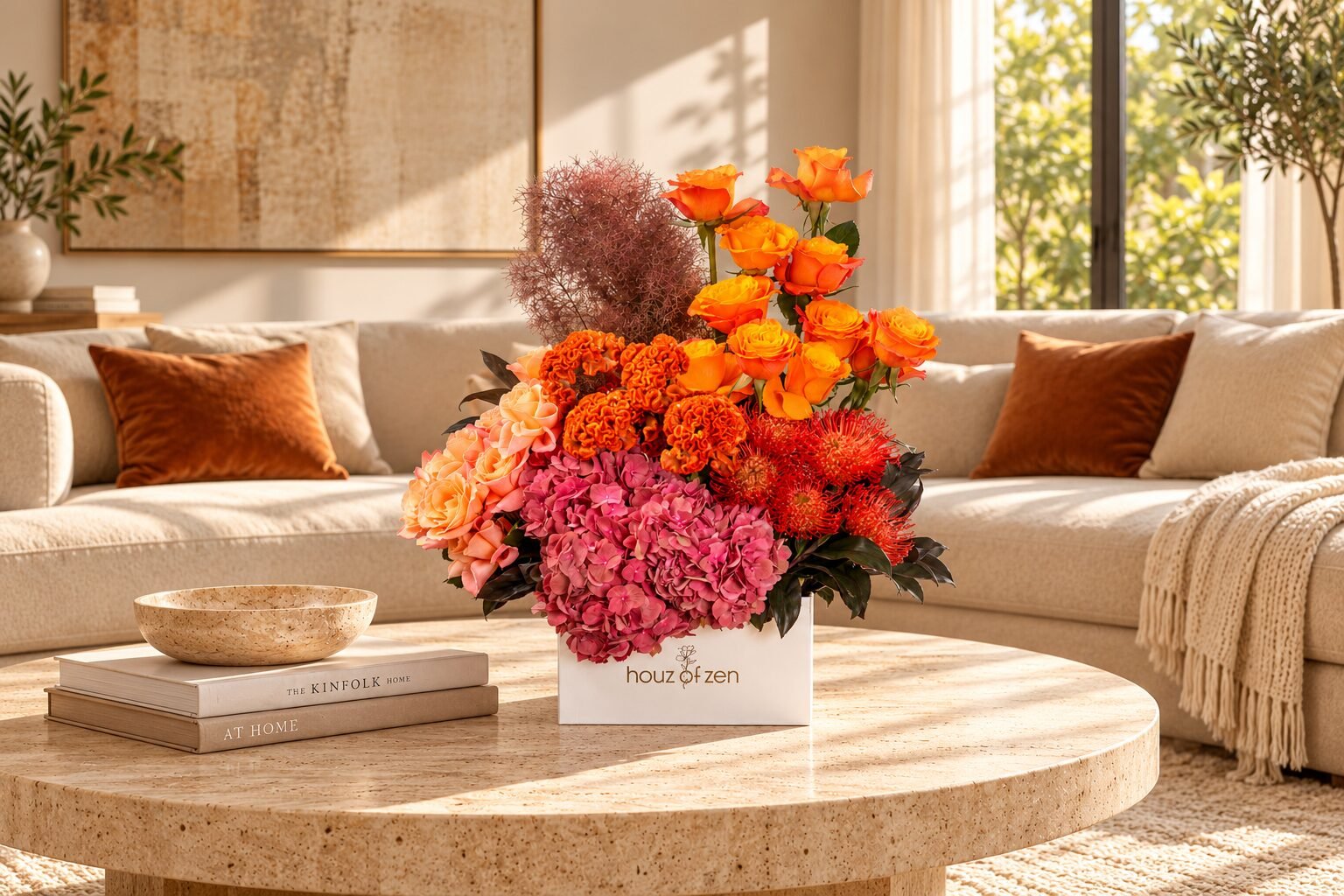 Autumn flower arrangement in Dubai featuring orange roses, hydrangeas and celosia by Houz of Zen.