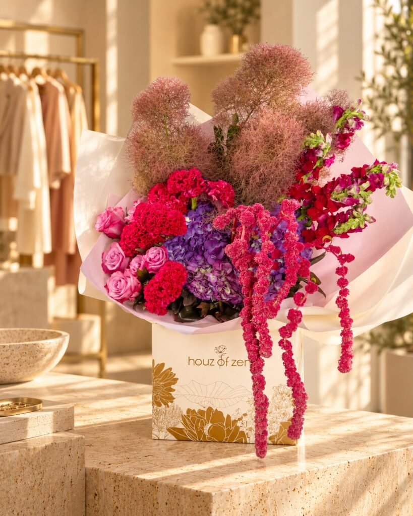 Red and pink floral bouquet featuring celosia, hydrangeas, roses and cascading amaranthus from Houz of Zen.