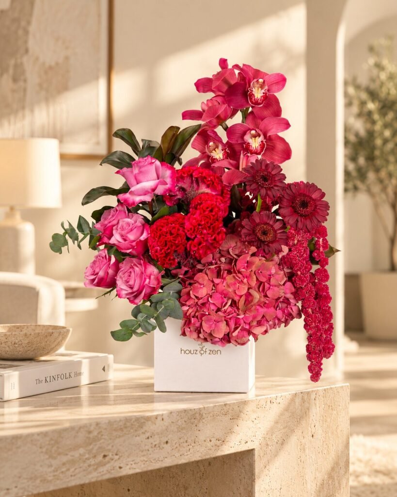 Pink and red flower arrangement with cymbidium orchids, celosia and hydrangeas in a Houz of Zen branded flower box.