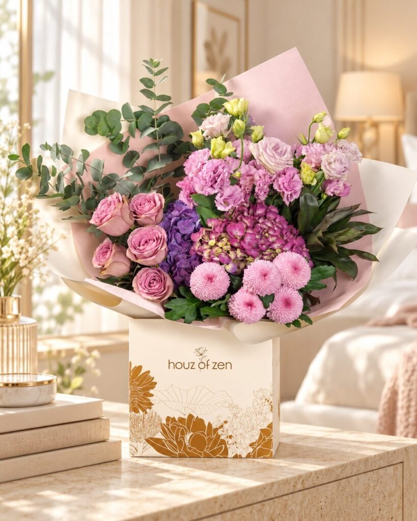 Lavender roses, purple hydrangeas and pink chrysanthemums arranged in a woven flower basket by Houz of Zen.