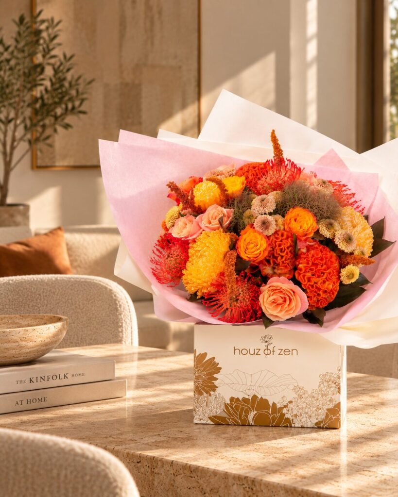 Orange and peach flower bouquet with roses, chrysanthemums and celosia in a Houz of Zen gift box on a dining table.